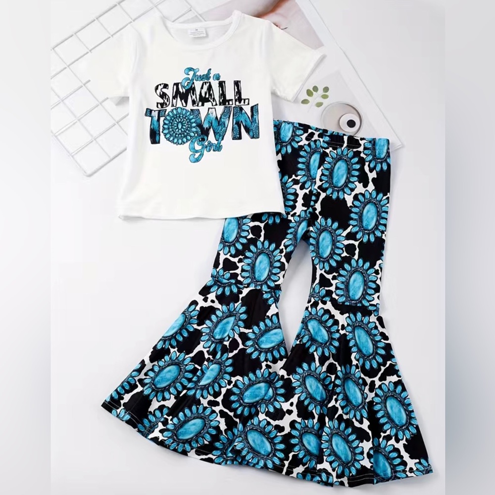 Girls Boutique JUST A SMALL TOWN GIRL Graphic Top & Matching Bell Bottom Pants